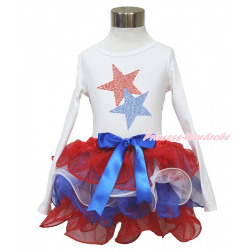  American's Birthday White Long Sleeve Top with Sparkle Crystal Bling Rhinestone Red Blue Twin Star Print with Royal Blue Bow Red White Blue Petal Pettiskirt MW481 